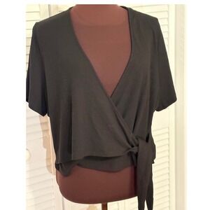 Venus Black Ribbed Knit Wrap Top Short Sleeve Side Tie V-Neck Plus Size 3X